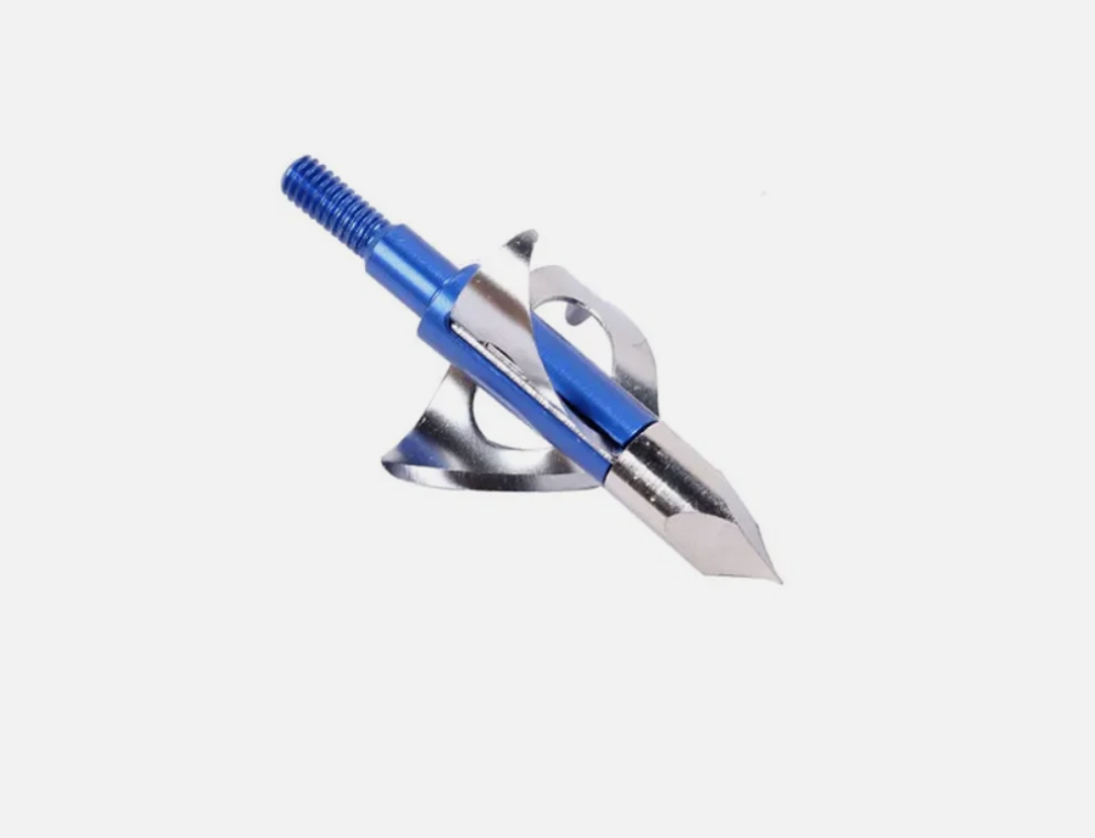 Close-up of a 3-blade curved broadhead arrowhead, 100 grain, designed for hunting or archery from ukarrowheads.
